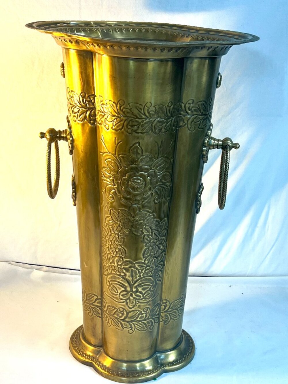 Vintage Brass Umbrella Stand Embossed Floral Ring Handles India - E3